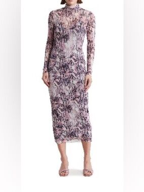 AFRM LOS ANGELES Marni Turtleneck Long Sleeve Mesh Pink and Gray Snake dress